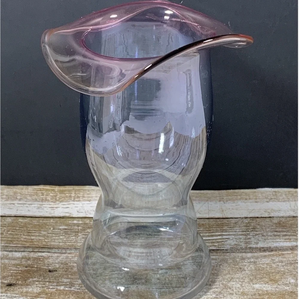 Hand Blown Art Glass Vase Pink Ruffled Fold Over Rim Clear Pedestal Base MCM